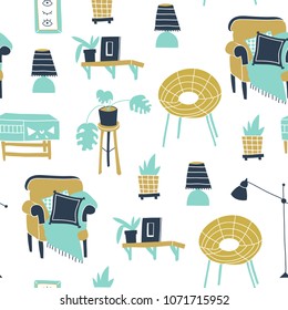 Trendy style interior. Hand drawn vector seamless pattern