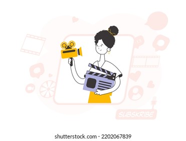 Trendy style line art. Girl blogger. Video blogging and podcast concept. Vector.