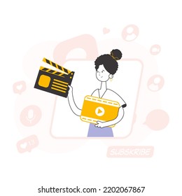 Trendy style line art. Girl blogger. The concept of social networking. Vector illustration.