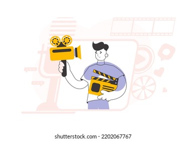 Trendy style line art. Male blogger. Video blogging and podcast concept. Vector.
