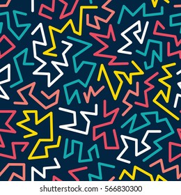 Trendy style seamless pattern inspired by 80s, 90s retro fashion design. Colorful festive hipster background. Abstract doodle illustration from eighties. Blue, yellow, red, white color