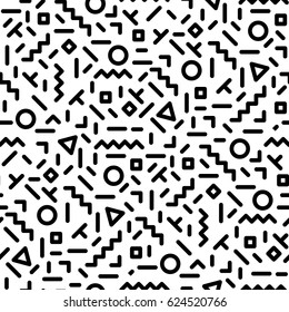 Trendy style seamless pattern inspired by 80s, 90s retro fashion design. Black and white hipster backdrop. Abstract doodle illustration from eighties.