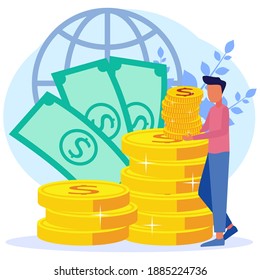 Trendy style vector illustration. Fees and funding, Rich finance to earn currency, capital concepts, investment, money transfer, e-commerce, economic success accounting. A lot of money coins.