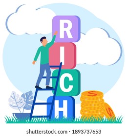 Ilustración vectorial de estilo moderno. Un empresario exitoso. Monedas apiladas y monedas junto al edificio del rompecabezas. Costos y financiamiento, logrando riqueza.