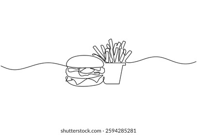 Trendy Style Vector Illustration Symbol, fast food burger and lemon continuous one line drawing, Burger, soda and french fries takeout food in continuous line art drawing style.