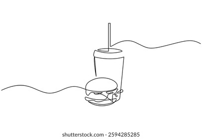Trendy Style Vector Illustration Symbol, fast food burger and lemon continuous one line drawing, Burger, soda and french fries takeout food in continuous line art drawing style.