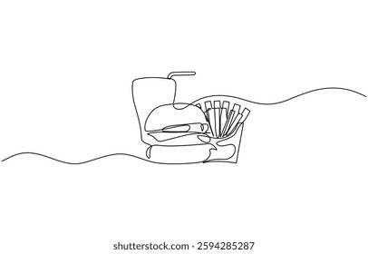 Trendy Style Vector Illustration Symbol, fast food burger and lemon continuous one line drawing, Burger, soda and french fries takeout food in continuous line art drawing style.