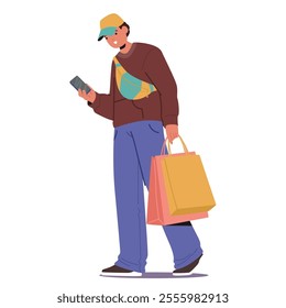 Trendy style young guy cartoon shopaholic character walking with shopping bags using mobile phone. Retail shop client sharing experience about purchase with friends via smartphone vector illustration