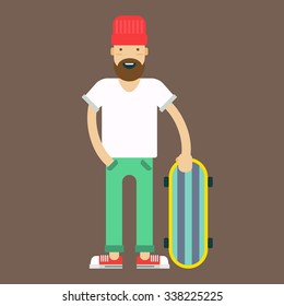 Trendy styled hipster with the skate board on a grey background. Vector illustration and icon. 