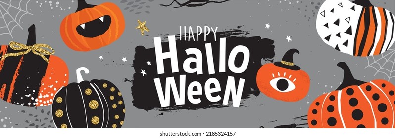 Trendy and stylish Halloween banner with decorative pumpkins