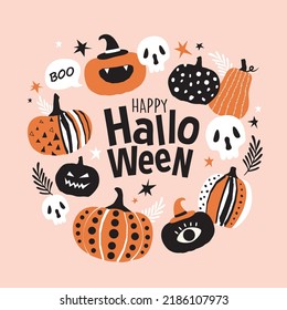 Trendy and stylish Halloween poster with decorative pumpkins