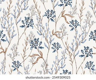 Trendy Stylish  Hand drawn  Fall winter Dry Botanical Floral seamless Pattern,  Vector Flowers  illustration , Design for fashion , fabric, textile, wallpaper, cover, web, wrapping