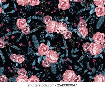 Trendy Stylish  Hand drawn  Fall  winter Botanical Rose Floral seamless Pattern,  Vector Flowers  illustration , Design for fashion , fabric, textile, wallpaper, cover, web, wrapping