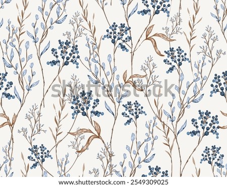 Trendy Stylish  Hand drawn  Fall winter Dry Botanical Floral seamless Pattern,  Vector Flowers  illustration , Design for fashion , fabric, textile, wallpaper, cover, web, wrapping