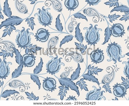 Trendy stylish Hand drawn Motone Blue  floral pattern with paisley and indian flower motifs. damask modern style pattern , Design for fashion , fabric, textile, wallpaper , wrapping and all prints