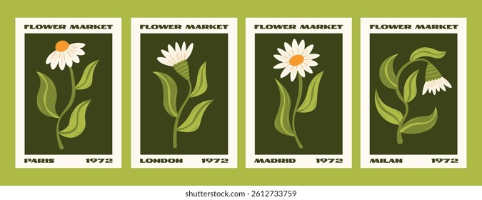 Trendy stylish modern poster set with delicate pastel flowers, daisies. Flower market poster collection. Vector hand drawn illustrations.
