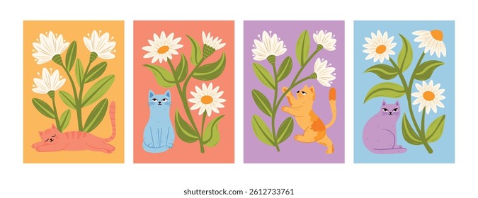Trendy stylish modern poster set with delicate pastel flowers, daisies, asters, tulips, botanical elements and cats. Vector hand drawn illustrations with soft gentle kitties, kittens collection.
