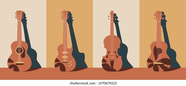 Trendy stylish musical instruments set. Music artwork flat vector illustration design.