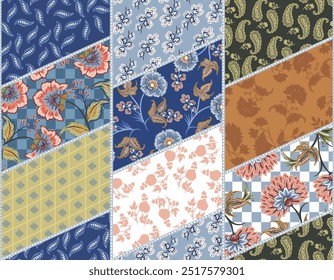 Trendy stylish patchwork floral pattern with paisley and indian flower motifs. damask style pattern ,Design for fashion , fabric, textile, wallpaper , wrapping and all prints