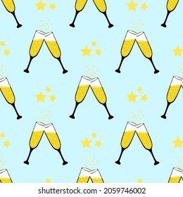 Trendy stylish pattern with glasses. Party pattern. Seamless pattern for kitchen textiles and fabrics. Bright summer design. Alcoholic yellow drinks.