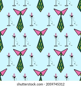 Trendy stylish pattern with ties. Party pattern. Seamless pattern for beautiful textiles and fabrics. Bright summer design. Suit in the style of the 60s. Pop art style