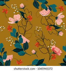 Trendy stylish Summer garden outline and hand painting flowers many kind of floral in seamless pattern vector illustration on beautiful brown  background