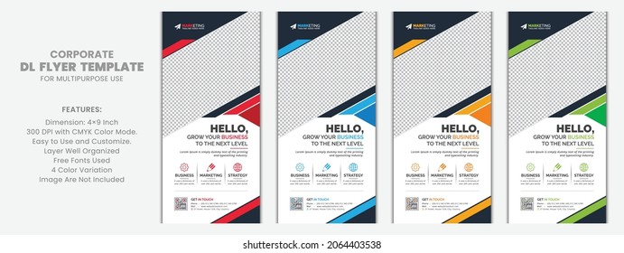 Trendy Stylish Unique Corporate Business DL Flyer Rack Card Template Design Set for Multipurpose Use with Colorful Creative Concept