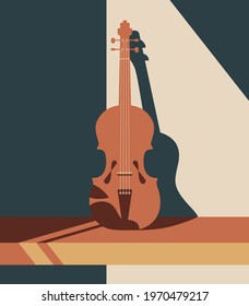 Trendy stylish violin instrument abstract background layout. Music artwork flat vector illustration design. Poster, banner, web template.