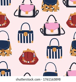 Trendy, stylish women's handbags seamless patern. Modern leather accessories of different types isolated on white background. Colorful vector illustration.