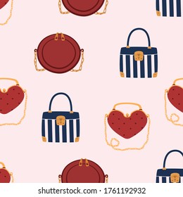 Trendy, stylish women's handbags seamless patern. Modern leather clutches accessories of different types isolated on white background. Colorful vector illustration.