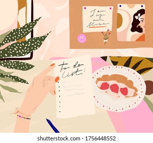 Ilustración vectorial de moda en el lugar de trabajo. Vista superior. Mujeres jóvenes escribiendo una lista de tareas pendientes. 