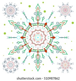 Trendy stylized snowflakes set and elements memphis cards. Retro style texture, abstract winter element, doodles. Modern abstract design poster, cover, card design in green and red colors.