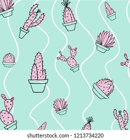 Trendy succulents and cactuses pattern in pink and blue.