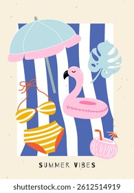 Trendy summer abstract poster with swimsuit, flamingo, cocktail, sun umbrella, monstera. Beach and vacation hand drawn doodle elements. Vector illustration for wall decor, postcard, cover