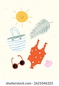 Trendy summer abstract poster with swimsuit, sunglasses, sun, palm leaves, shells, beach bag. Beach and vacation hand drawn doodle elements. Vector travel illustration for wall decor, postcard, cover
