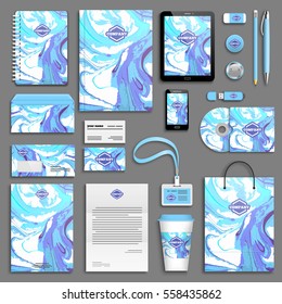 Trendy summer, aquamarine corporate identity template set. Business stationery mock-up with logo. Branding design. Marble colorful background.