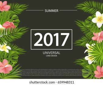 Trendy summer banner, poster with tropical flowers, plants and leaves . Vector universal background with place for text.