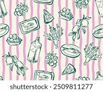 Trendy  summer beach vacationin in  Italy  Mood tropical mood summer food , Activity  Lemon , Umbrella ,Vacation  seamless pattern on Striped ,Design for all prints 