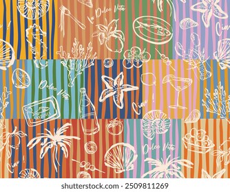 Trendy  summer beach vacationin in  Italy  Mood tropical mood summer food , Activity  Lemon , Umbrella ,Vacation  seamless pattern on Colourful Multi Striped ,Design for all prints 