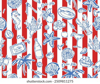 Trendy  summer beach vacationin in  Italy  Mood tropical mood summer food , Activity  Lemon , Umbrella ,Vacation  seamless pattern on Striped ,Design for all prints 