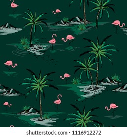 Trendy Summer Beautiful seamless island pattern on dark green background. Landscape with palm trees,beach ,flamingo birds and ocean vector hand drawn style.
