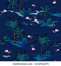 trendy Summer Beautiful seamless island pattern on deep blue background. Landscape with palm trees,beach ,flamingo birds and ocean vector hand drawn style.