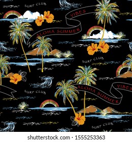 Trendy Summer Beautiful seamless island pattern on black background. Landscape with palm trees, beach , hibiscus flower,flag,mountain and ocean vector hand drawn style.