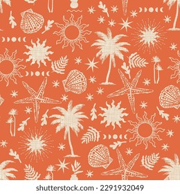 Trendy Summer Bohemian , Boho chic hand drawn style ,Beach Vibes Seamless Pattern Vector Illustration ,Design for fashion , fabric, textile, wallpaper , wrapping and all prints 
