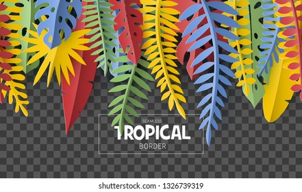 Trendy Summer border with tropical palm leaves and plants in paper cut style. Seamless pattern.