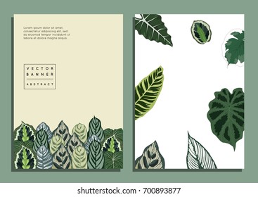 Trendy summer botanical tropical palm leaves background set. Invitation layout, banner, A4, card design with jungle exotic leaves. Vector illustration in hand drawn, aloha style