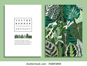 Trendy summer botanical tropical palm leaves background set. Invitation layout, banner, A4, card design with jungle exotic abstract leaves. Vector illustration in hand drawn, aloha style