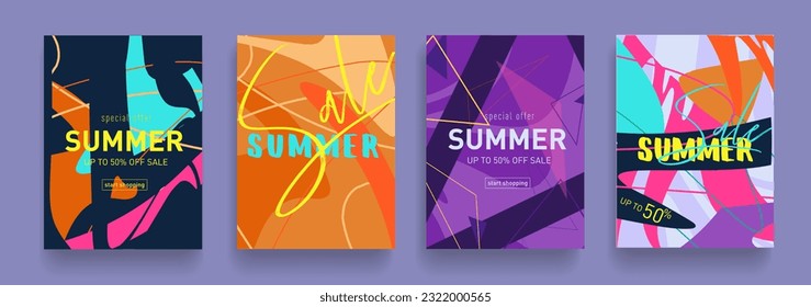 Trendy Summer Bright Set in the Black, Pink, Orange, Brown, Purple Colors. 3d Abstract Art  for Book, Cover, Poster, Banner. Geometric Patterns Price offer 50%. Vector Illustration