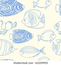 Trendy summer design with hand drawn tropical fishes. Seamless vector pattern