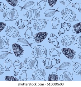 Trendy summer design with hand drawn tropical fishes. Seamless vector pattern